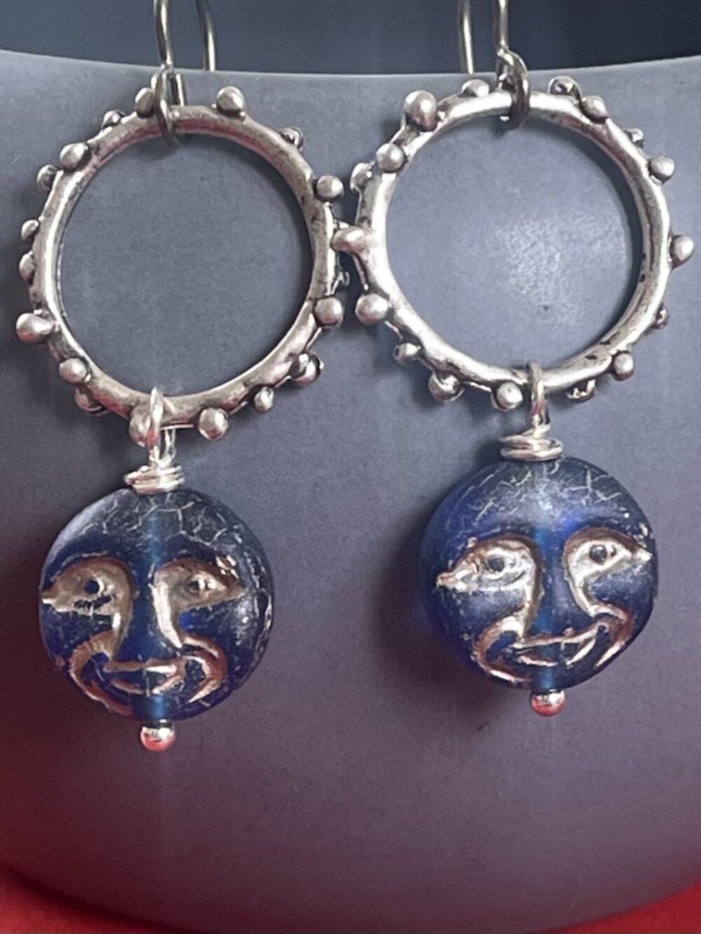 Whimsical Blue Moon Face Earrings | Celestial Boho Silver Hoop Earrings